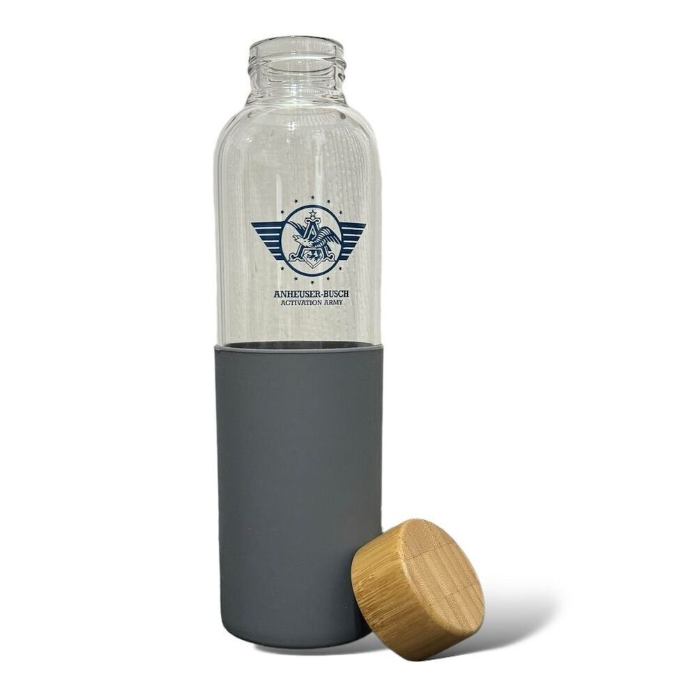Anheuser-Busch Activation Army Glass Water Bottle‎ Gray Silicone Sleeve 18 oz